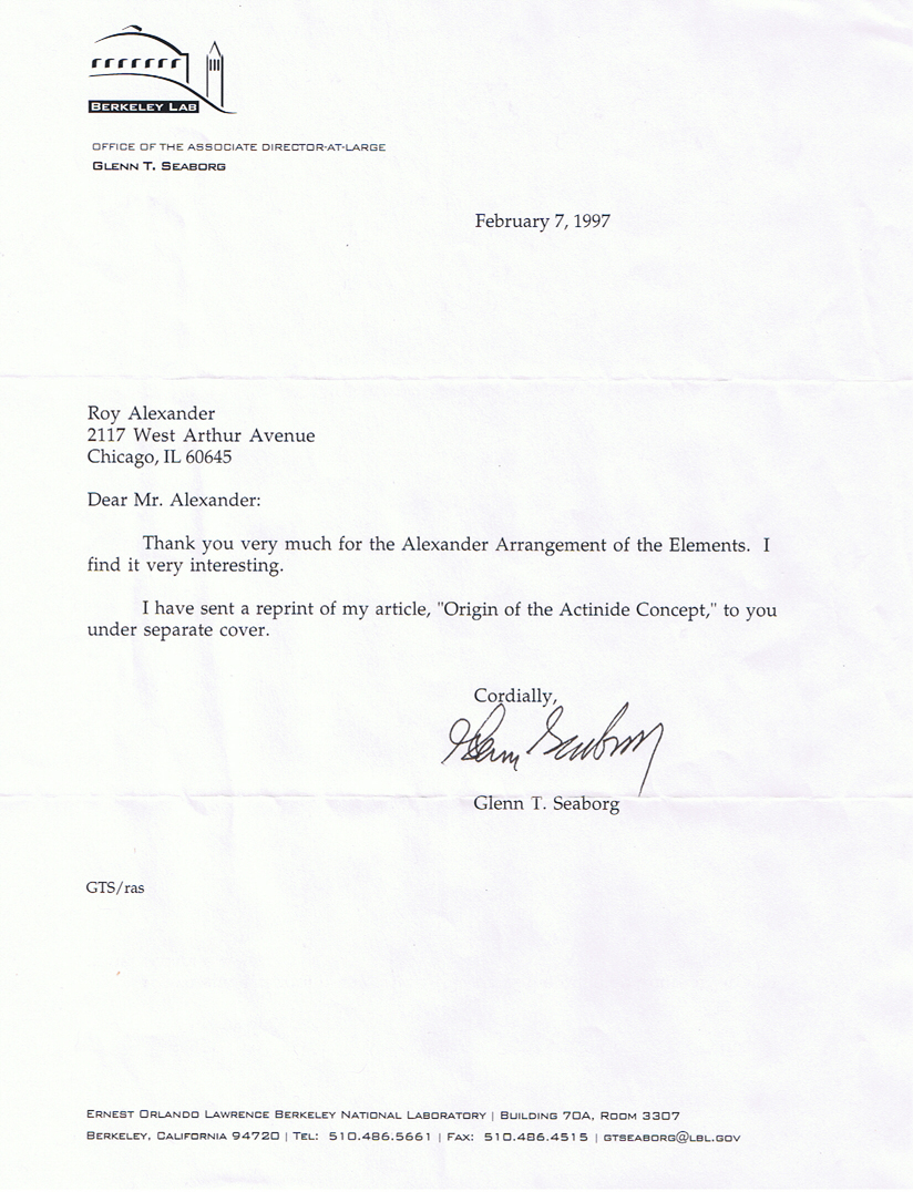 Letter from Glenn T. Seaborg to Roy Alexander expressing interest in the Alexander Arrangement of Elements, and thanking him for the model of the AAE received